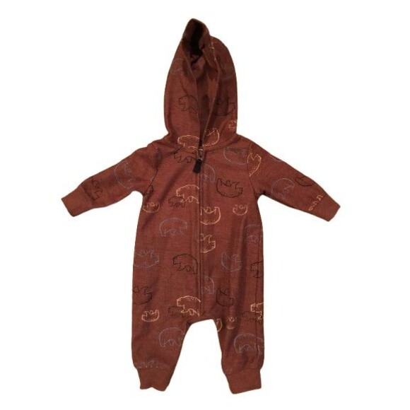 Boy's 3 Month Romper w/ Hood Carter's Brown Bears Long Sleeve One-Piece Zip - Picture 1 of 2